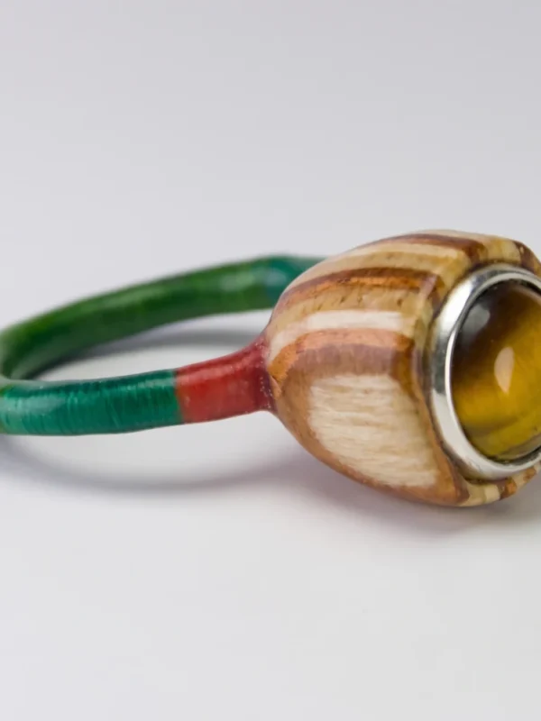Anillo de autor Colección Semilla con ojo de tigre, engaste en plata 925, caja de madera de nogal, cedro y roble con aro verde.